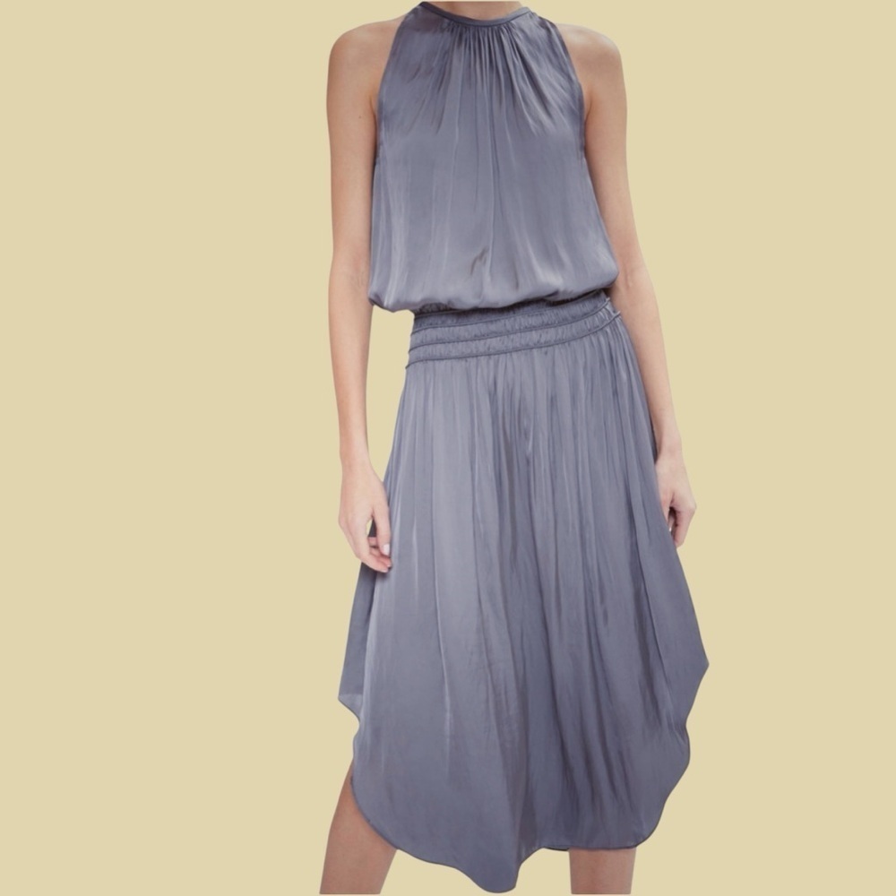 NWT Ramy Brook Smocked Waist ‘Shiny Audrey Halter Dress’ in “Slate Grey” Size XS